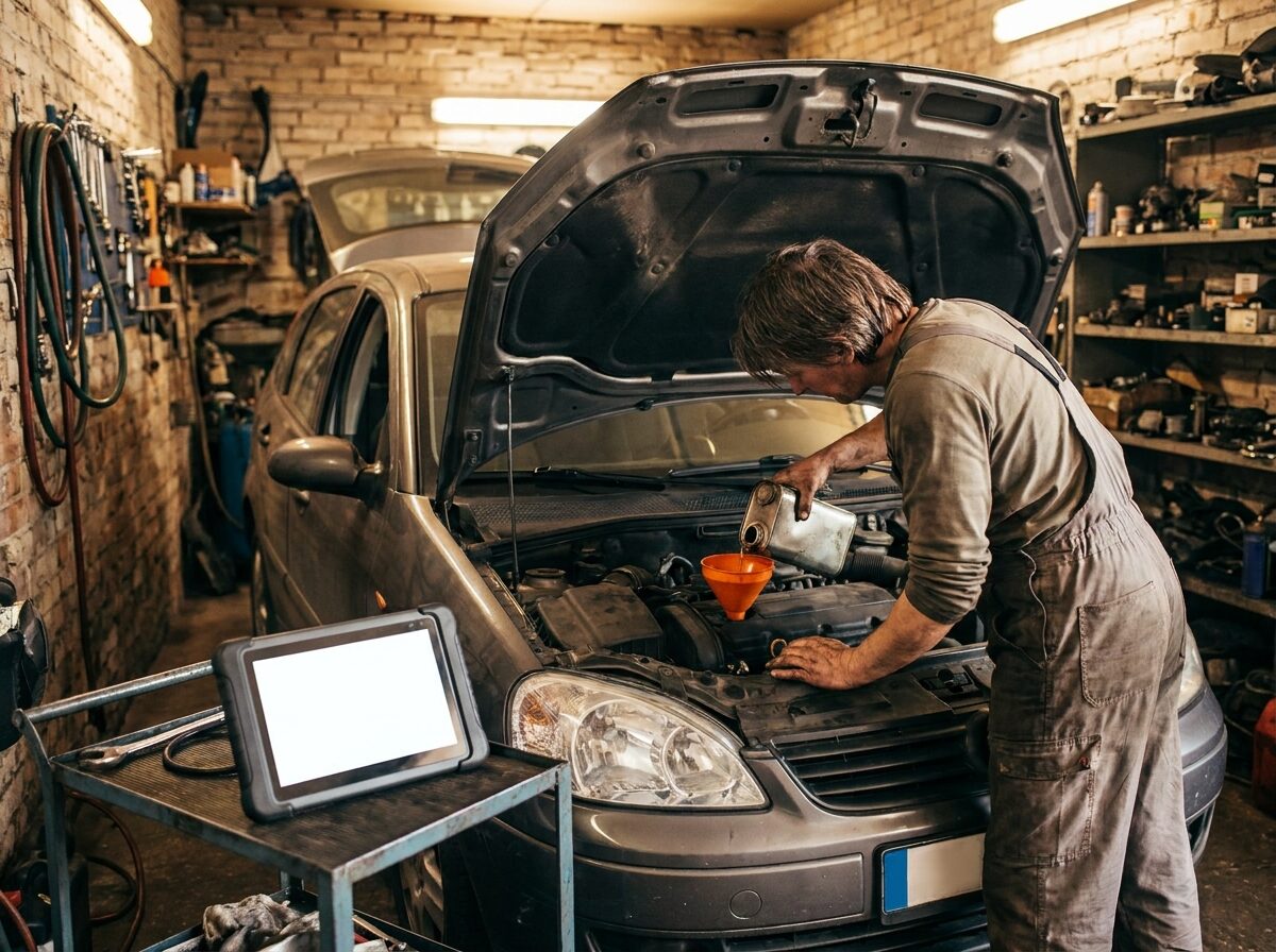 Monteur ververst de motorolie